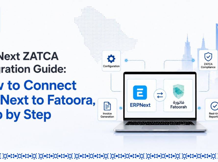 ERPNext ZATCA Integration Guide showing ERPNext connected to ZATCA Fatoora for Saudi Arabia e-invoicing compliance with step-by-step implementation workflow.