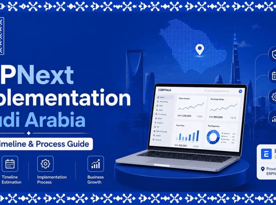 ERPNext Implementation Saudi Arabia – Cost, Timeline & Process Guide banner featuring ERPNext dashboard, Saudi Arabia digital transformation, ERP implementation services, business automation, and enterprise resource planning solutions.
