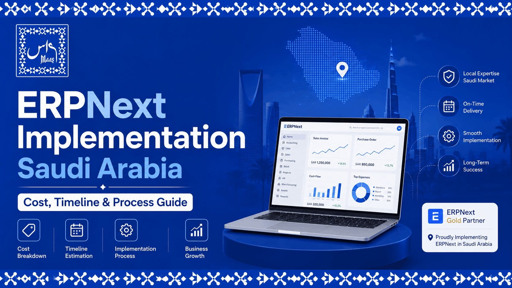 ERPNext Implementation Saudi Arabia – Cost, Timeline & Process Guide banner featuring ERPNext dashboard, Saudi Arabia digital transformation, ERP implementation services, business automation, and enterprise resource planning solutions.
