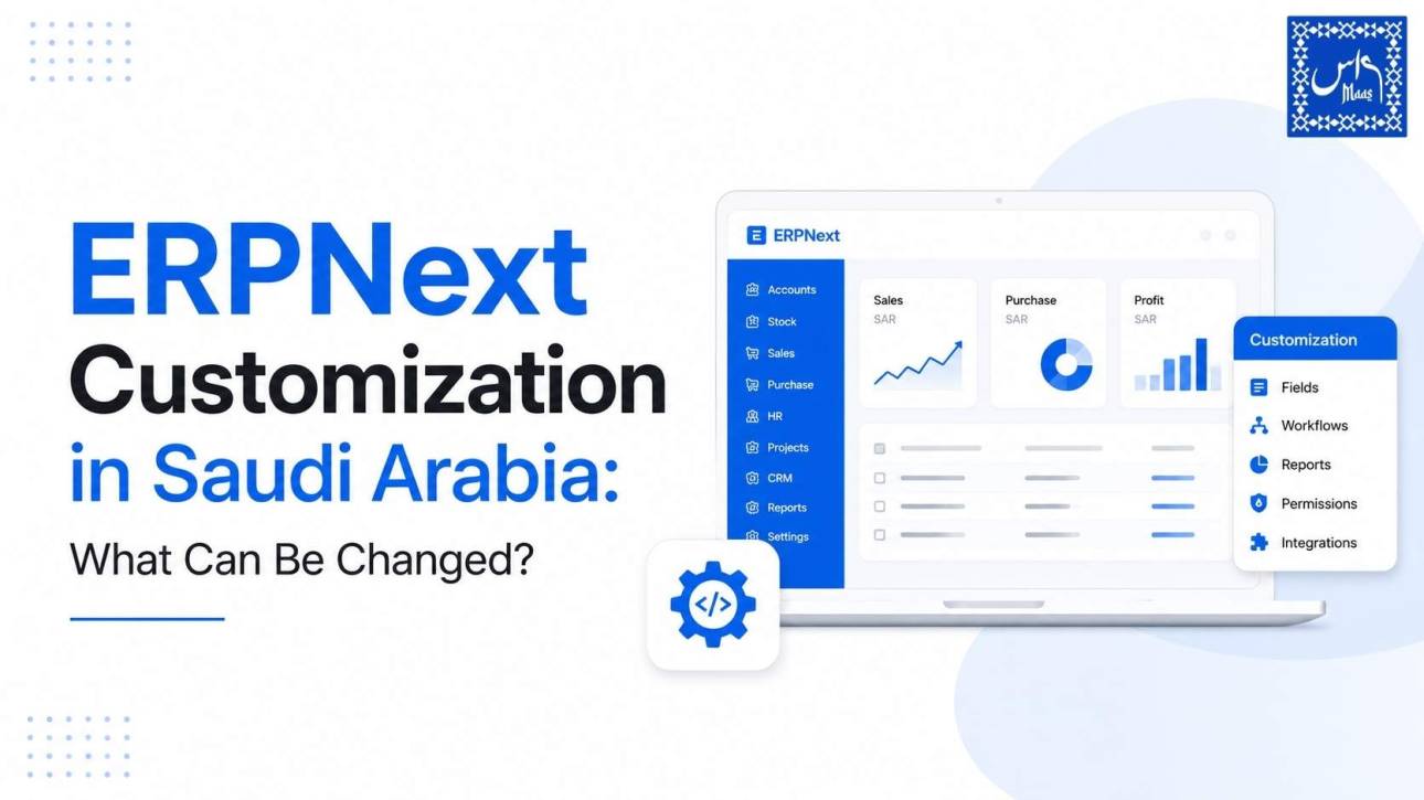 ERPNext Customization in Saudi Arabia dashboard showing customizable workflows, reports, fields, and ERP modules for business process optimization.
