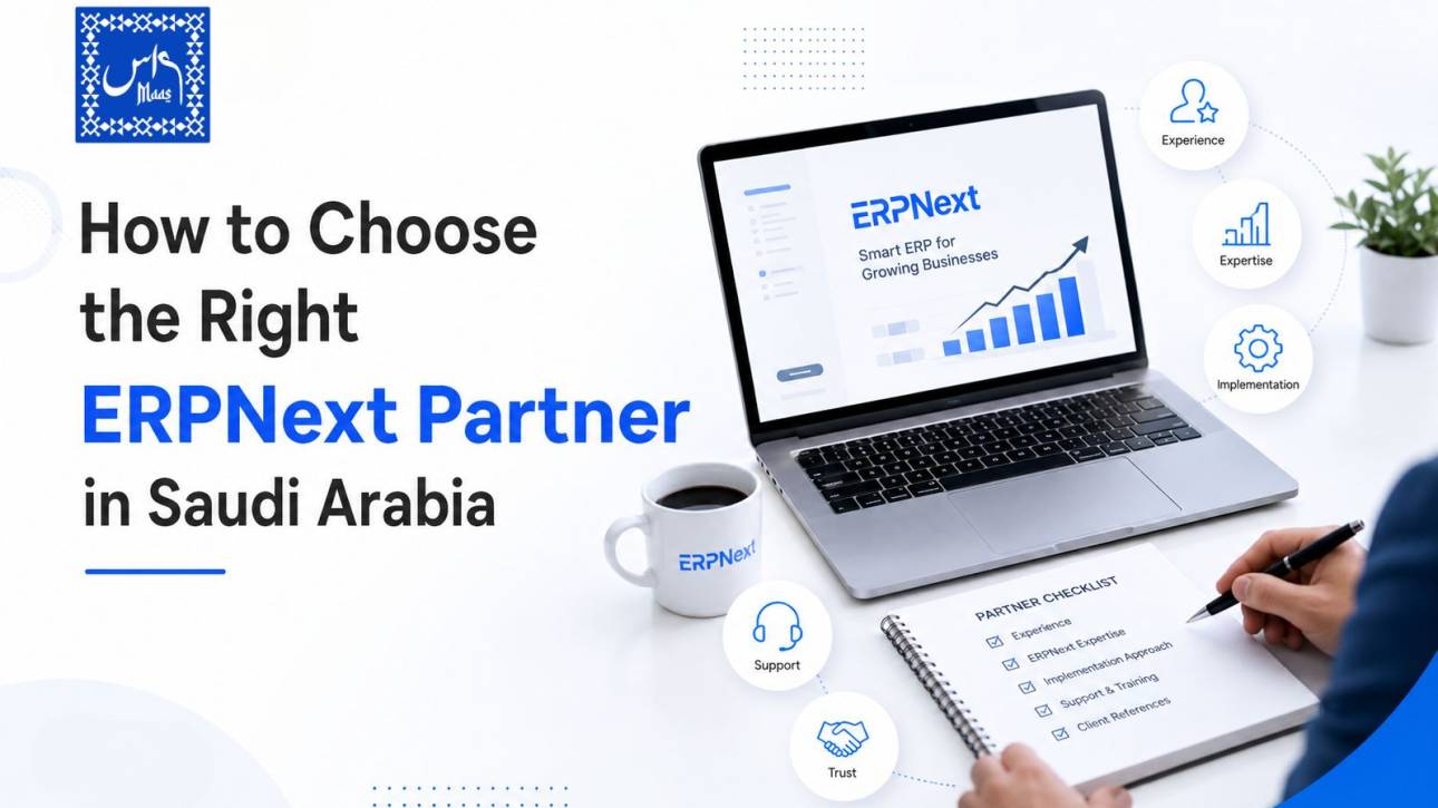 How to Choose the Right ERPNext Partner in Saudi Arabia – professional evaluating ERPNext implementation partner, ERP software dashboard, implementation checklist, and business planning workspace.
