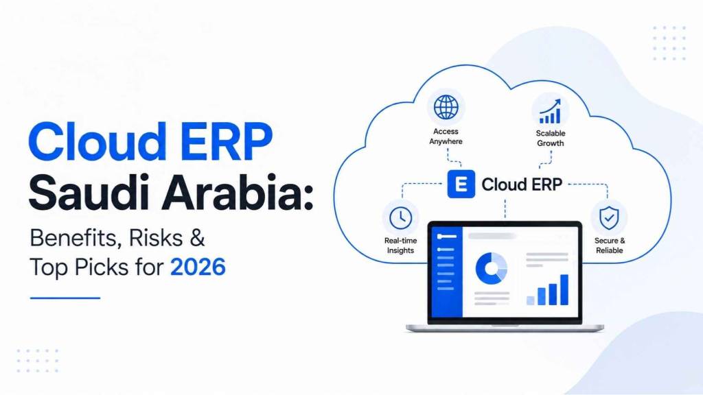 Cloud ERP Saudi Arabia illustration showing a cloud-based ERP system with a business dashboard, real-time insights, secure access, and scalable cloud infrastructure.