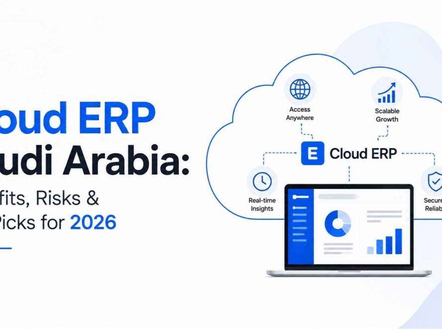 Cloud ERP Saudi Arabia illustration showing a cloud-based ERP system with a business dashboard, real-time insights, secure access, and scalable cloud infrastructure.