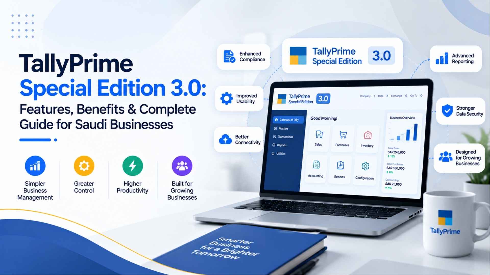 All 30 TallyPrime Special Edition 3.0 features across Control, Productivity and Report modules, explained for Saudi businesses working with Maas Consult.