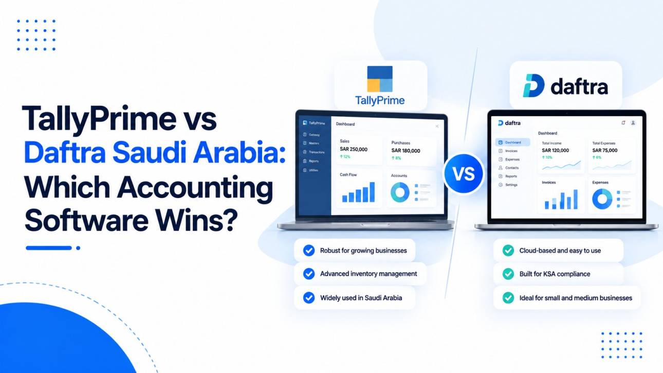 A detailed, feature-by-feature comparison of TallyPrime and Daftra for Saudi businesses: architecture, accounting depth, inventory, ZATCA compliance, and which one fits your business.